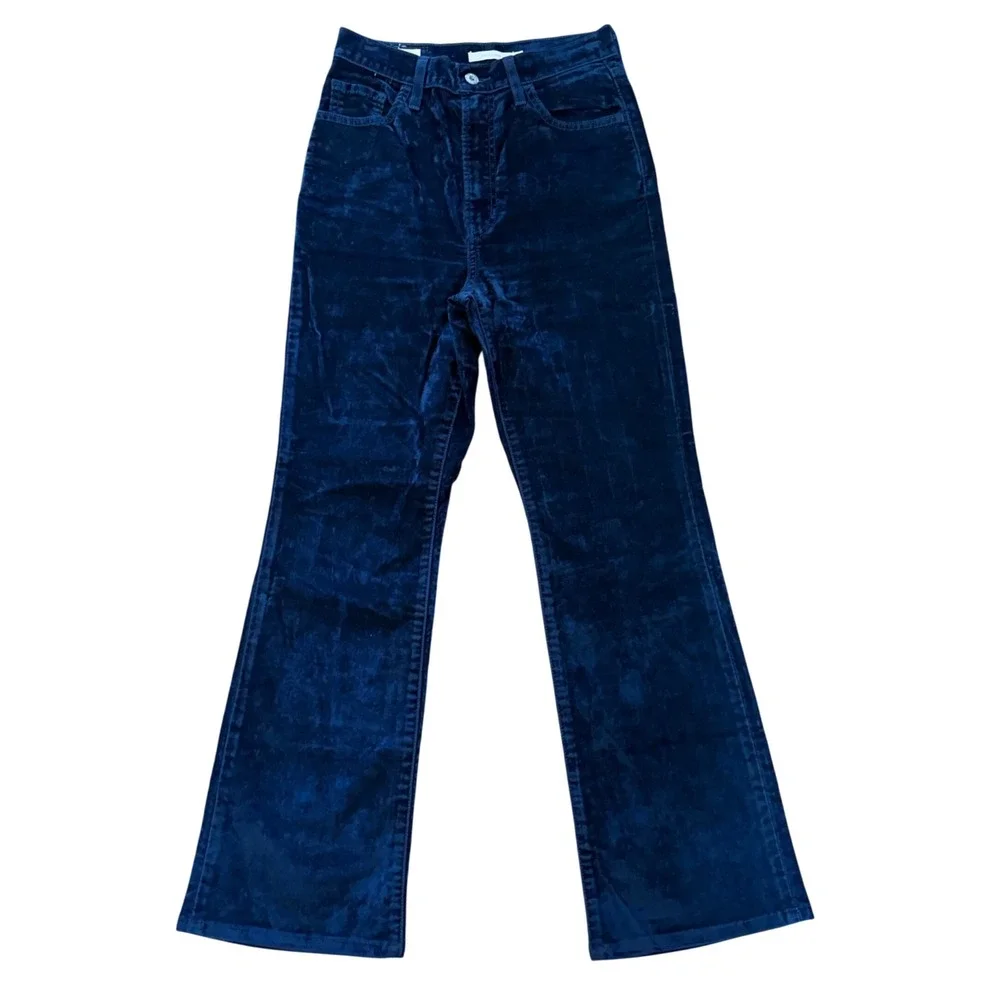 Levis Ribcage Bootcut Navy Blue Velour High Rise Flare Pants Womens 26x30 Boho - Picture 2 of 14